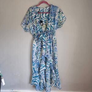 America & Beyond.LLC Women's Blue Parisian Blue abstract Kimono Dress Size S